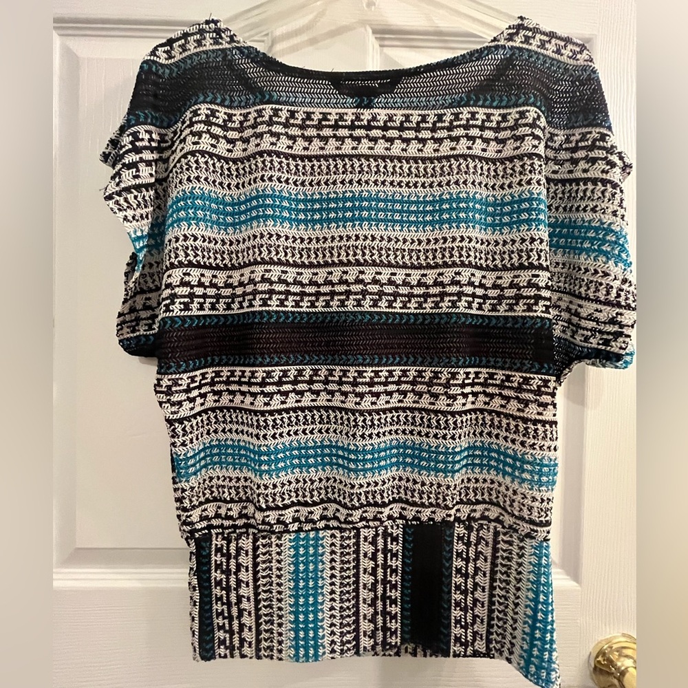 Sharagano Women’s Stylish Black and Blue Dolman Open Crochet Knit Top